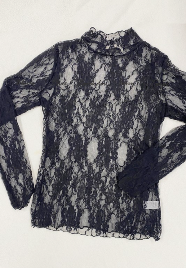 Black floral lace long-sleeve top with a mock neck on a white background