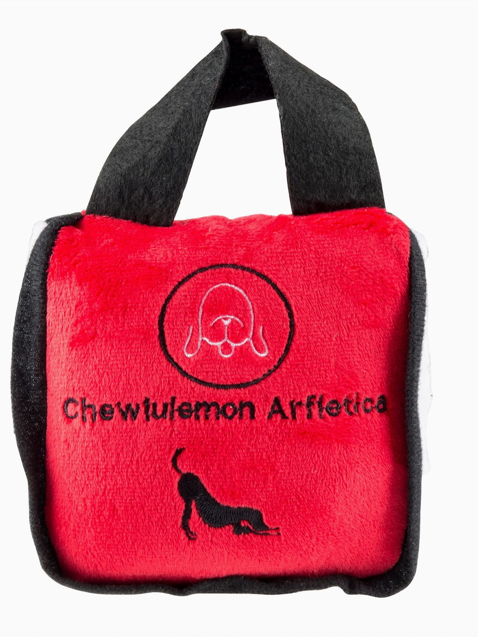Red tote bag dog toy with black handle and 'Chewtulemon Athletics' branding shown on a white background