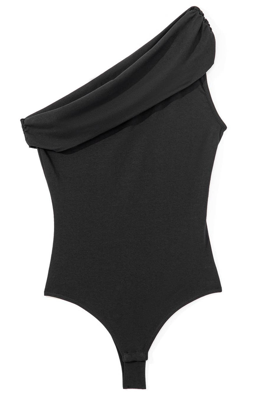 Black one-shoulder bodysuit on a white background