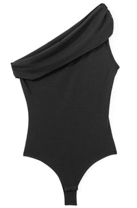 Black one-shoulder bodysuit on a white background