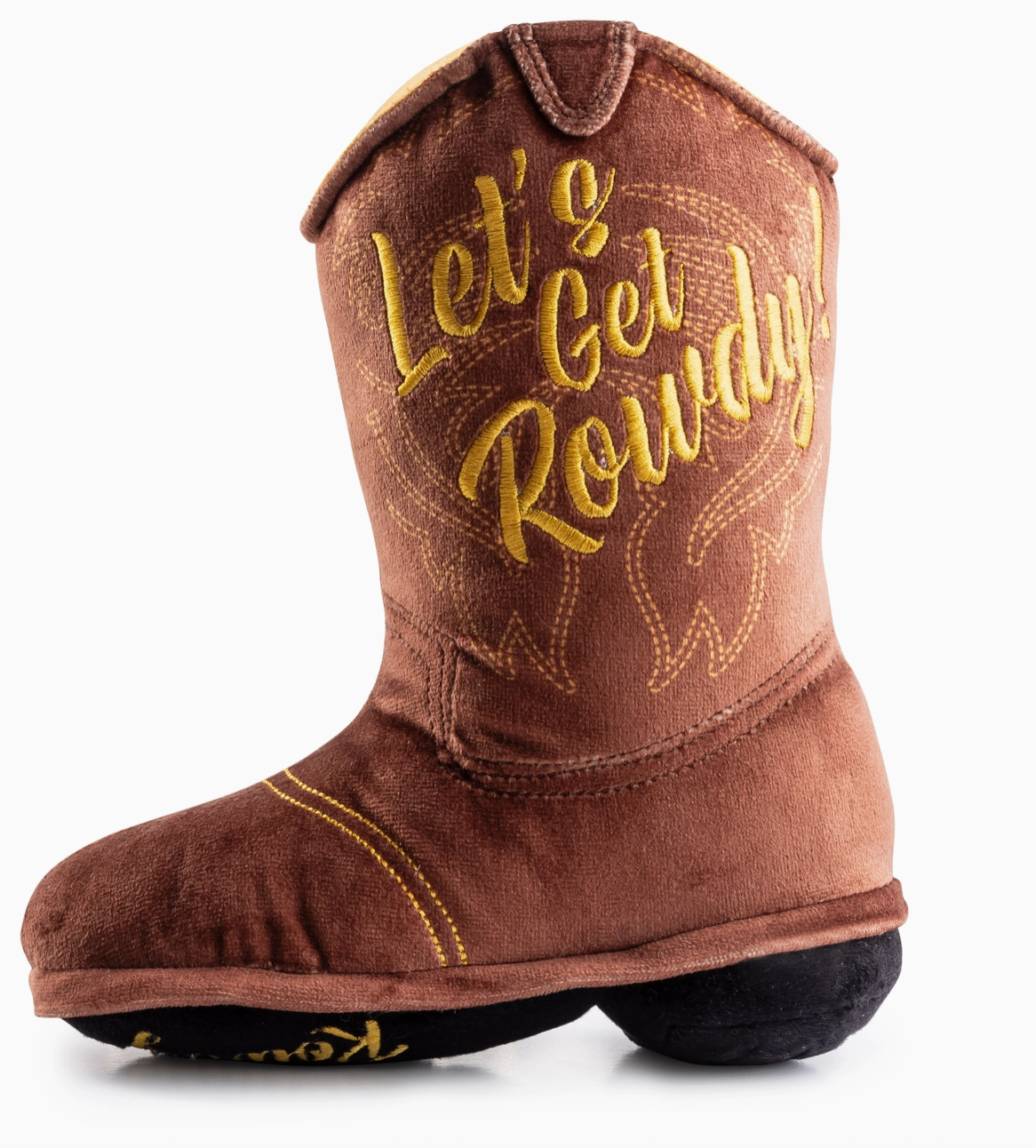 Brown cowboy boot dog toy with 'Let's Get Rowdy' text on the side of the toy shown on a white background