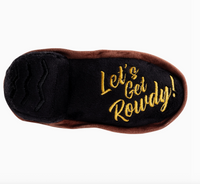 Bottom view of brown cowboy boot dog toy that says 'Let's Get Rowdy' shown on a white background