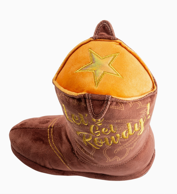 Brown cowboy boot dog toy with yellow star on top and 'Let's Get Rowdy!' text on the side of the boot on a white background