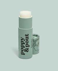 Lip balm with 'Poppy & Pout' branding on a light mint background