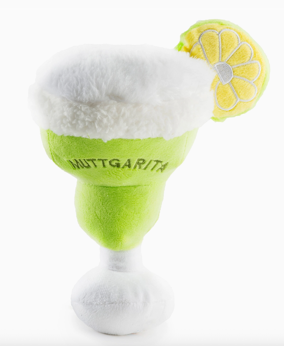 Green and white plush dog toy resembling a margarita glass with a lemon slice on a white background