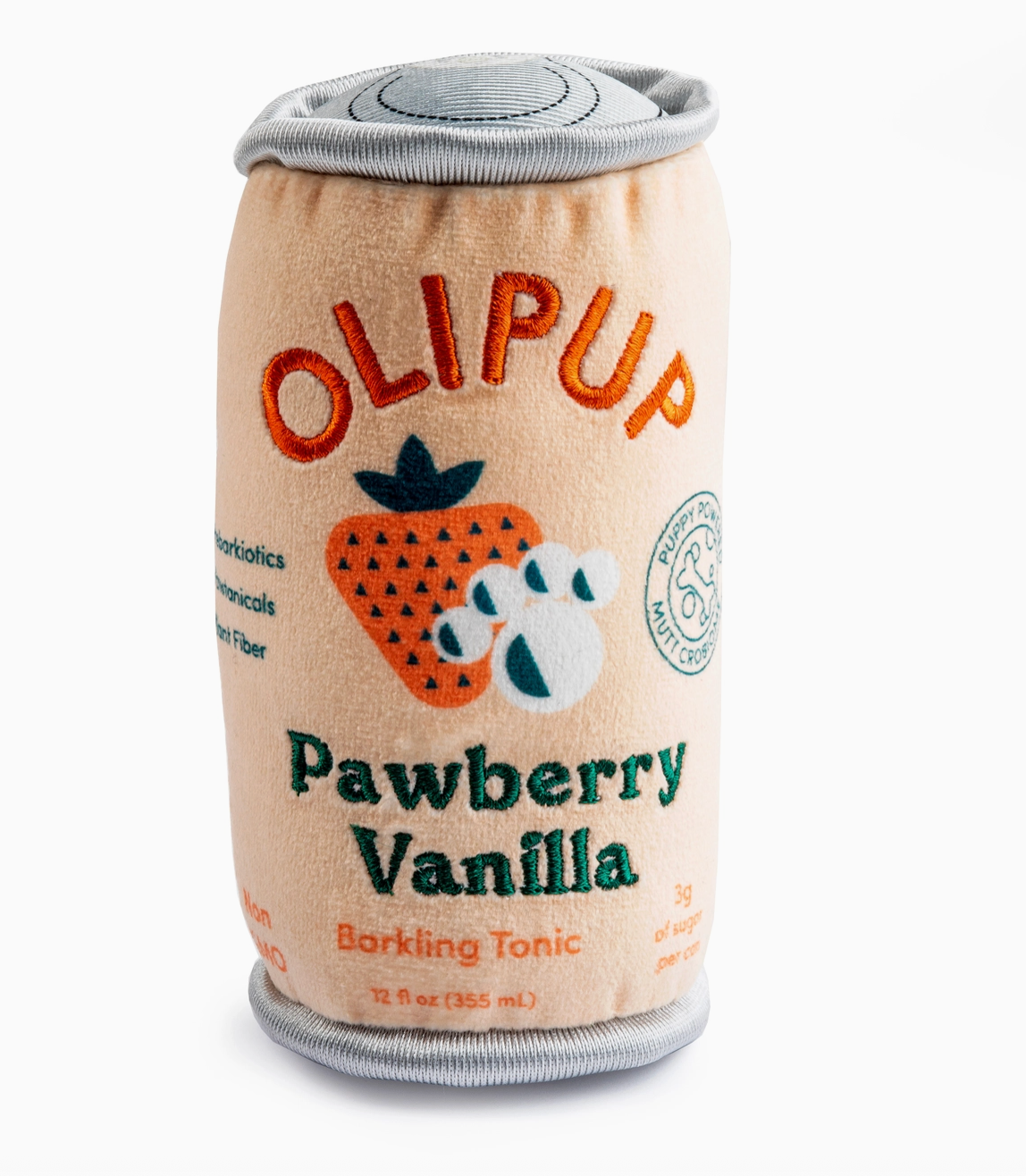 Dog toy shaped like a can with 'Olipup' branding and the flavor 'Pawberry Vanilla" on a white background
