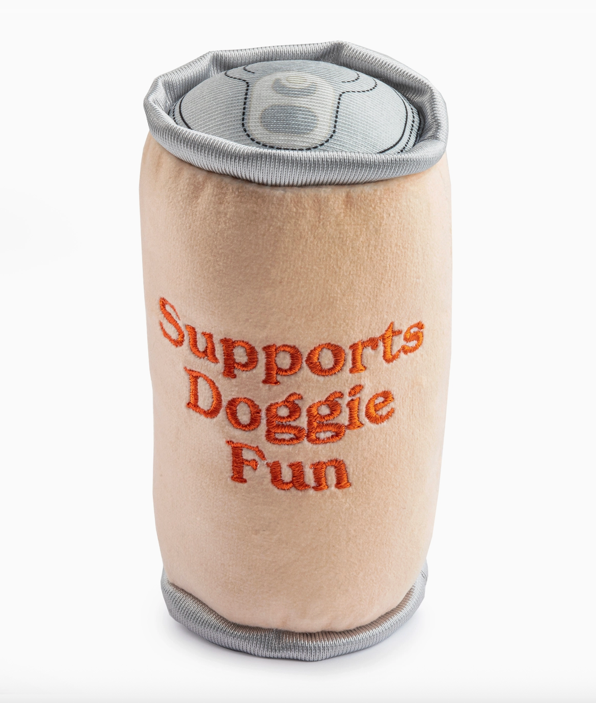 Back side of a dog toy shaped like a soda can with the wording 'Supports Doggie Fun'. Dog toy is shown on a white background